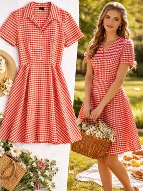 Gabby Skye Tomato  Red Gingham Fit & Flare Dress Size 16 Cottagecore Picnic